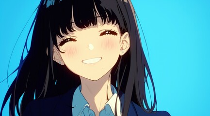 Cheerful young woman with long black hair smiling against a blue sky, representing happiness and positivity in a professional or casual setting
