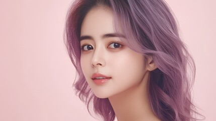 Fototapeta premium Woman, purple hair, pink background, beauty portrait, cosmetic ad