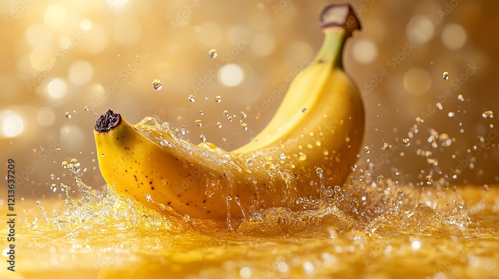 Poster vibrant yellow banana making a splash as it enters a crystal clear pool of water creating dynamic ri