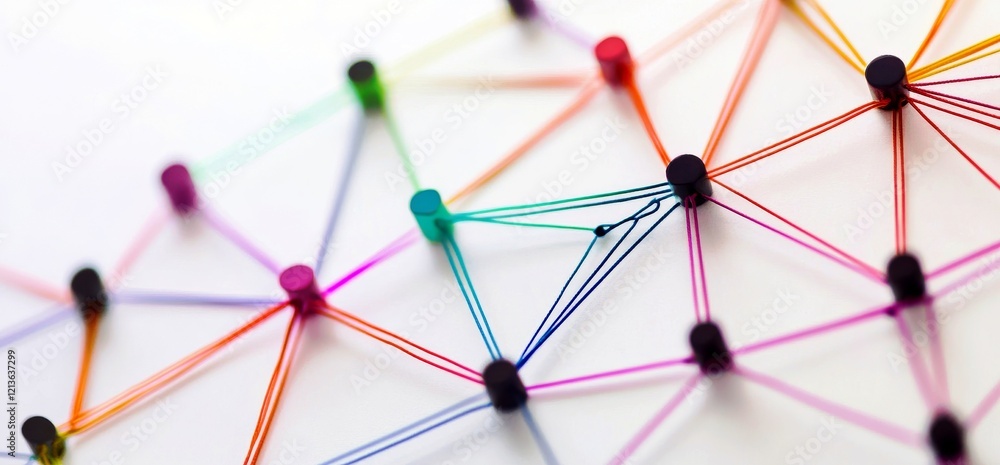 Poster colorful elastic bands forming a vibrant and interconnected network on a white background showcasing