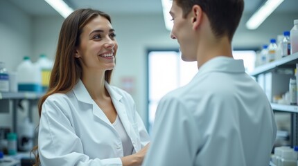 Fototapeta premium Young woman trying on a white lab coat in a well-lit laboratory, focused on fitting, with a modern and professional atmosphere.