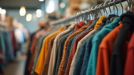 Colorful second-hand clothes hanging on a rack inside a thrift store, neatly organized under soft lighting, creating a welcoming and tidy atmosphere.