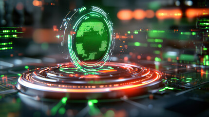 digital globe surrounded by glowing circuits and data streams, representing technology and connectivity. vibrant green and red colors create futuristic atmosphere