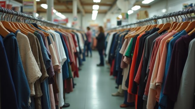 Thrift store with several racks of used clothing, customers browsing, bright overhead lighting and casual atmosphere, promoting sustainable and eco-friendly shopping.
