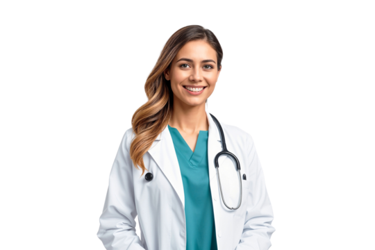Professional specialist doctor with stethoscope, beautiful woman, isolated on transparent background