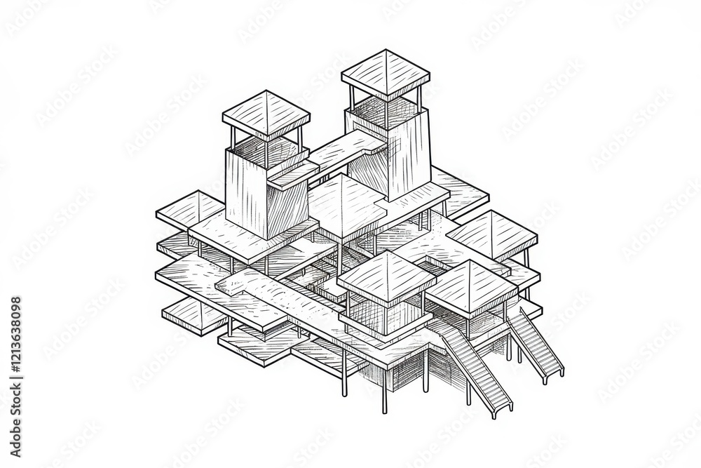 Poster isometric drawing of a complex multilevel structure