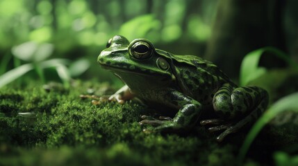 Obraz premium Green Frog on Mossy Ground