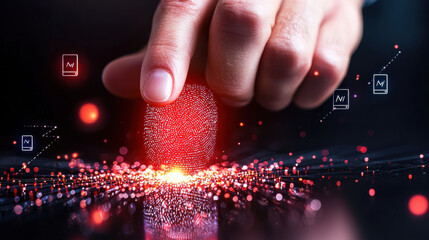 hand scanning biometric fingerprint with digital elements, showcasing technology and security. image conveys innovation and modern identification methods