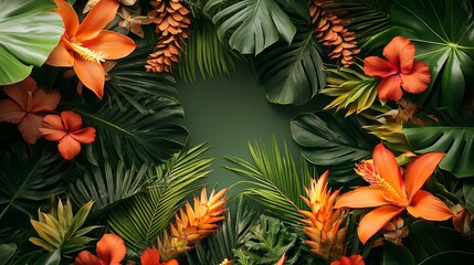 Vibrant Arrangement of Colorful Flowers and Lush Green Leaves Forming a Beautiful Natural Frame Around a Circular Green Element Evoking a Sense of Freshness and Tranquility in Nature