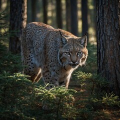 Naklejka premium A lynx prowling through a dense forest with soft morning light. lynx on a rock, standing in forest A lynx predator lurking in the woods for it's next pray
