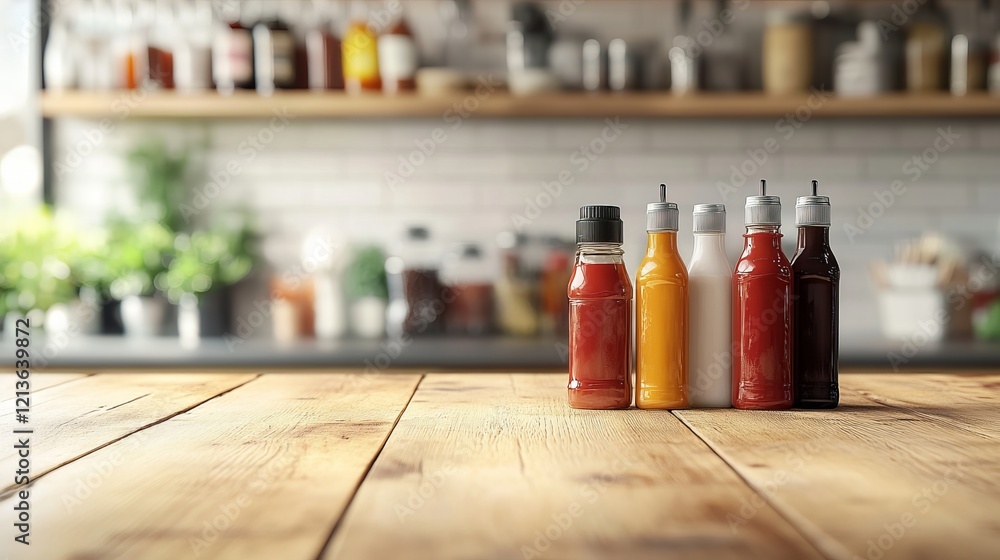 Poster three bottles of freshly squeezed juice in vibrant colors displayed on a rustic wooden table surroun