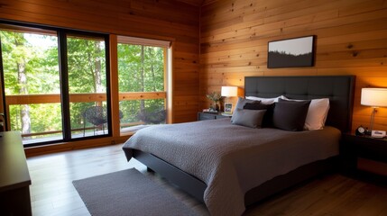 Obraz premium Luxurious Cabin Bedroom, Forest View, Private Balcony, Peaceful Retreat, Vacation Rental