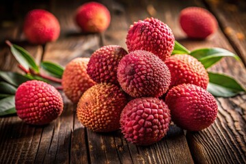 Fresh Red Lychee Fruit Photography: Rustic Wooden Background, Organic Lychee Still Life