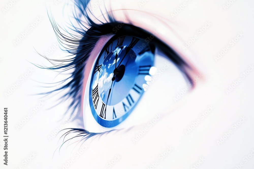 Poster mysterious blue eye with clock reflection symbolizing time and perception in a dreamy environment fo