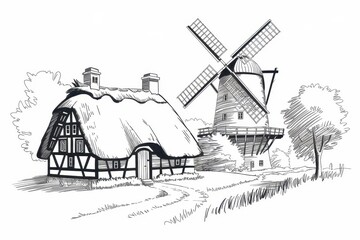 Obraz premium Thatched Roof House and Windmill Rural Scene