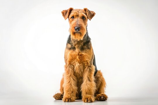 Funny Airedale Terrier Portrait, Panoramic Dog Photo, White Background, Sitting Dog Image