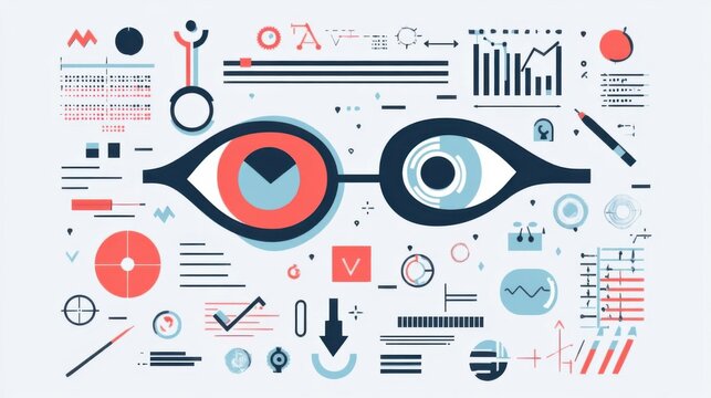 Vision Health Awareness: Vision Test Charts, Magnifying Glass Icons, and Educational Infographics
