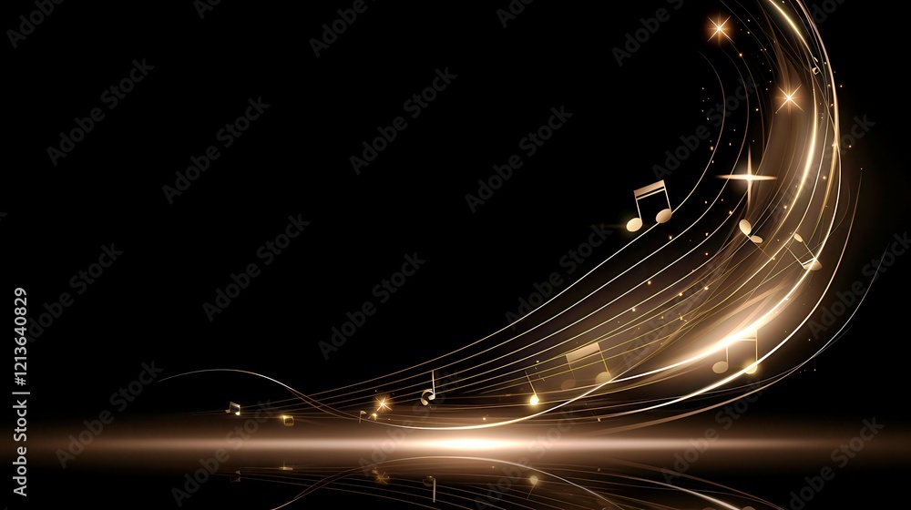 Poster elegant flow of musical notes with sparkling elements on a dark background for creative projects and