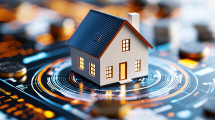 house model on digital interface surrounded by coins, symbolizing real estate investment and finance
