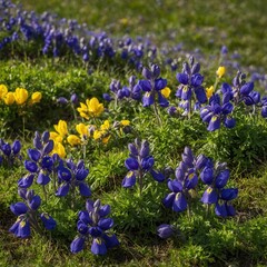 A colorful display of aconite flowers on a vibrant green hillside.