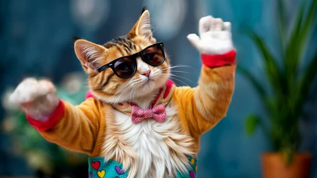 Cool cat wearing sunglasses and colorful Hawaiian shirt dancing against blue background. Stylish feline in tropical outfit creating fun summer vacation mood.