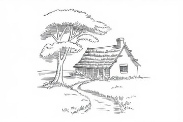 A Rustic Cottage Beside a Large Tree and Path