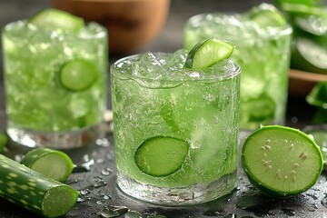 Cucumber aloe vera iced drink on dark surface with ingredients