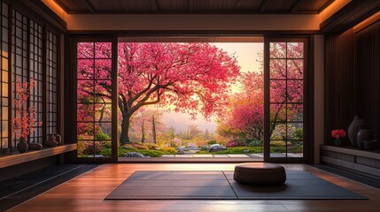 Fototapeta premium Tranquil Japanese room sunrise garden view