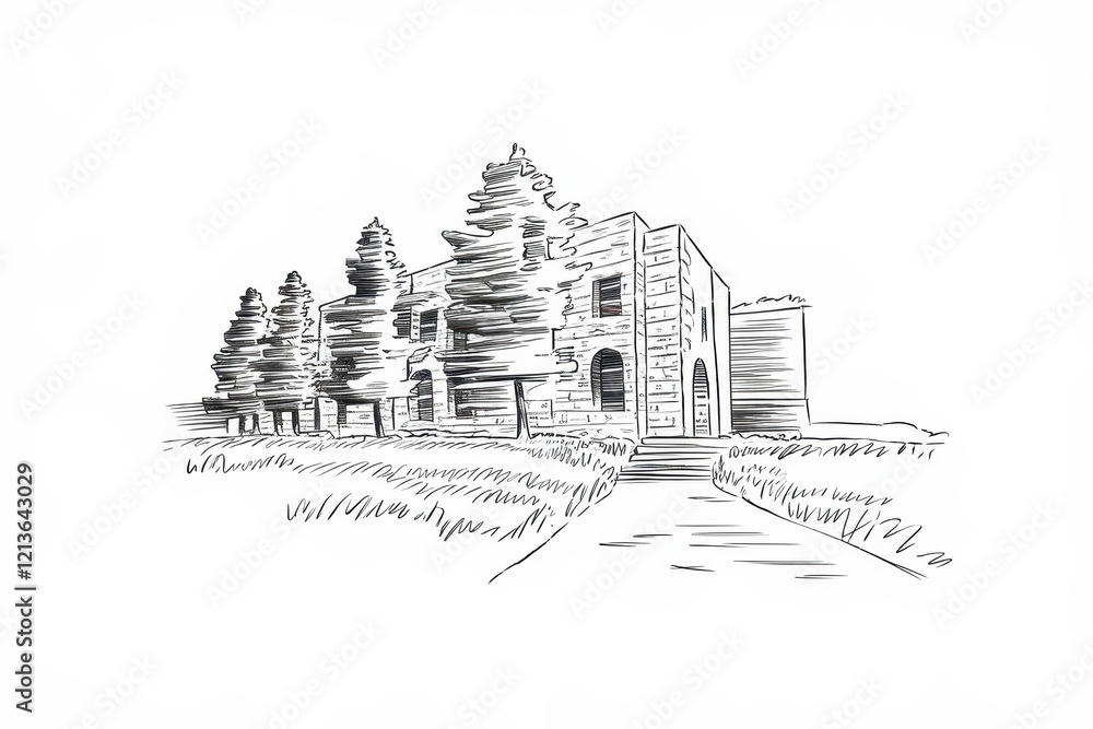 Poster stone building sketch with surrounding trees and path