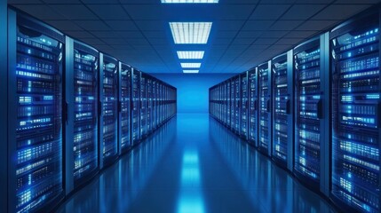 Fototapeta premium Data center servers illuminate hallway, network technology background