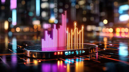 high tech 3D glowing bar chart in neon tones, showcasing vibrant data visualization against futuristic city backdrop. colorful design evokes sense of innovation and progress