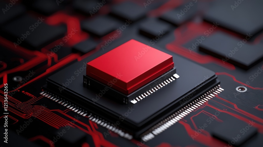 Poster red processor on circuit board: a close-up shot reveals a vibrant red processor atop a complex black