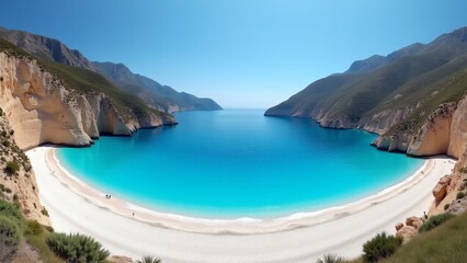 Obraz premium Myrtos Beach in Greece is famous for its turquoise waters, white pebbles, and dramatic mountain backdrop. Ideal for swimming, hiking, and exploring, it offers a serene and picturesque escape.