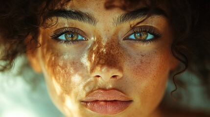 smiling latina model with curly hair showcasing bright white teeth and flawless skin in warm natural light for dental care advertising