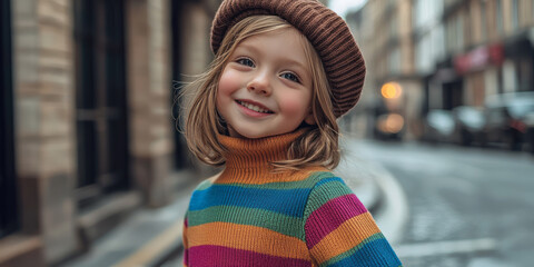 Fototapeta premium Smiling little girl wearing a colorful, striped turtleneck sweater and a brown beret hat, posing on the street, generative AI