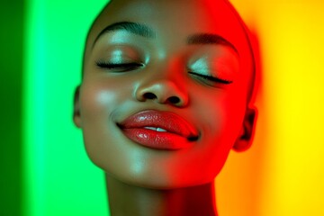 Short haircut - bald head - no hair. Commercial commercial creative. Attractive happy black girl - for ads, flyer and digital use. Fashionable african american model. Black girl advertising.