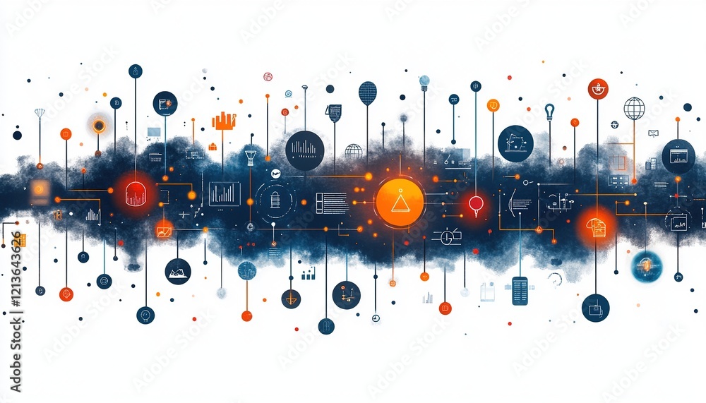 Poster data cloud network connecting diverse digital icons on white background