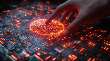 Digital Brain Interaction in Cyberpunk Art Style with Ambient Lighting and Technology Integration