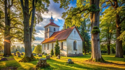 Fototapeta premium Lielvircava Churchyard Latvia - Old Cemetery White Church Trees Rule of Thirds Photography