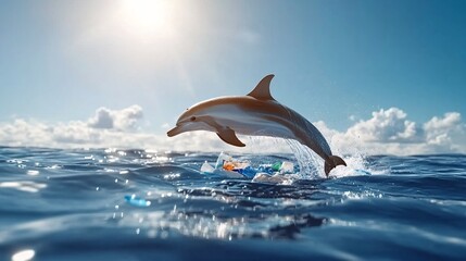 Fototapeta premium Dolphin Leaping Over Ocean Waste Under Sunshine