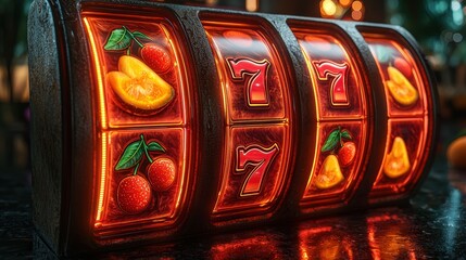Bright Fruit Symbols on Classic Slot Machine with Neon Lighting