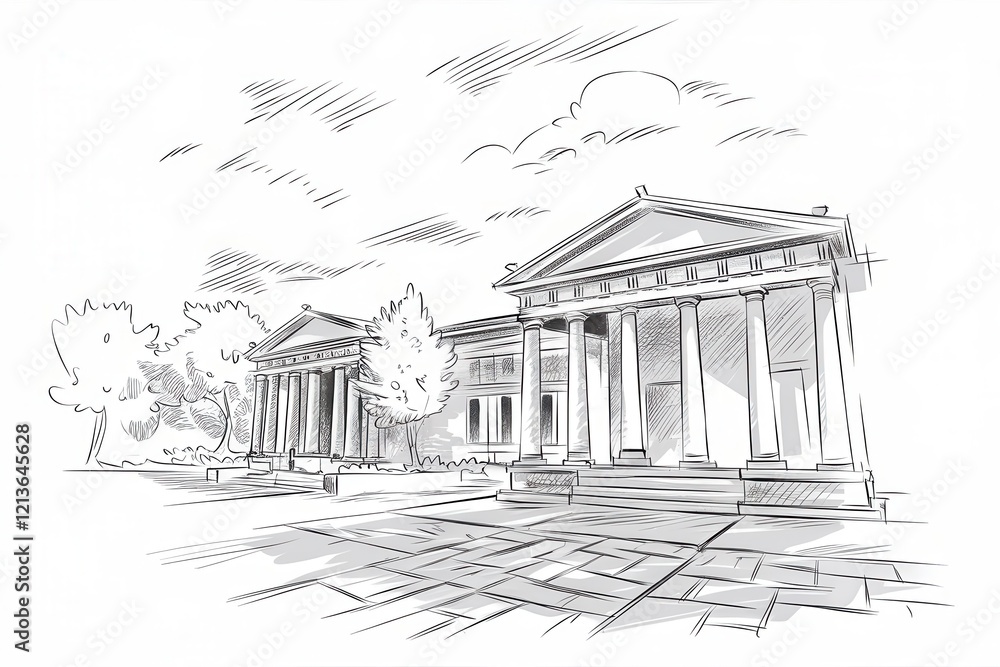 Poster classical style building sketch with trees and pavement