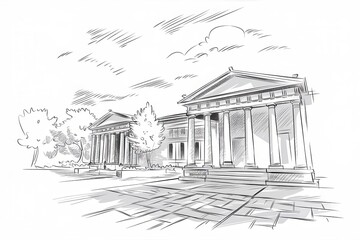 Classical Style Building Sketch With Trees And Pavement