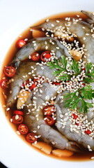 shrimp in soy sauce on white plate, korean style menu