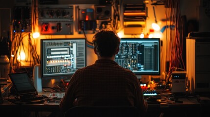 Obraz premium Silhouette of a Programmer Working Late in a Dimly Lit Studio