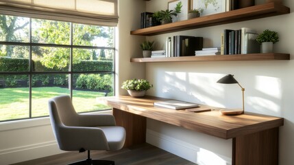 Fototapeta premium Sunlit Home Office Desk with Garden View, Books, Plants