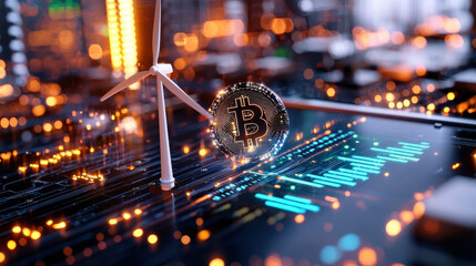 High tech wind turbine with glowing Bitcoin symbol on digital interface, representing renewable energy and cryptocurrency innovation