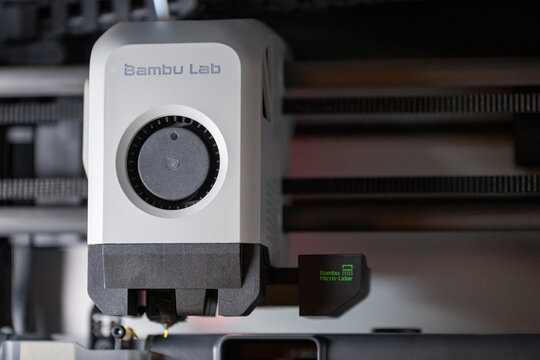 Sioux Falls, South Dakota, USA - 1.22.2025: Bambu Labs X-1 Carbon 3D printing head