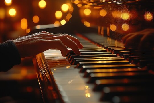 Close-up of Hands Playing Grand Piano in Chiaroscuro Style
