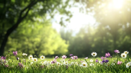 Fototapeta premium Sunny meadow wildflowers blooming in lush green park, sunlit trees background, idyllic nature scene, perfect for spring greeting cards